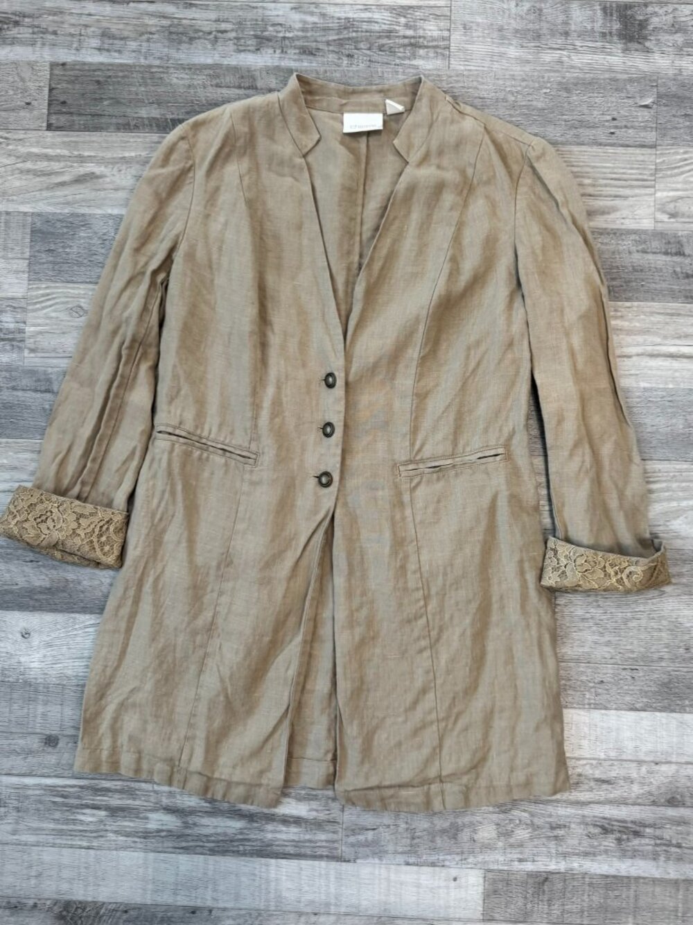 Chico's Beige 100% Linen 3-Button Long Blazer Size 0/Small Lace Trim J6